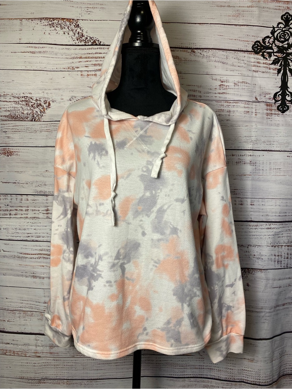 Tie-Dye Hooded Pullover Sweater - Peach & Gray Sz-L